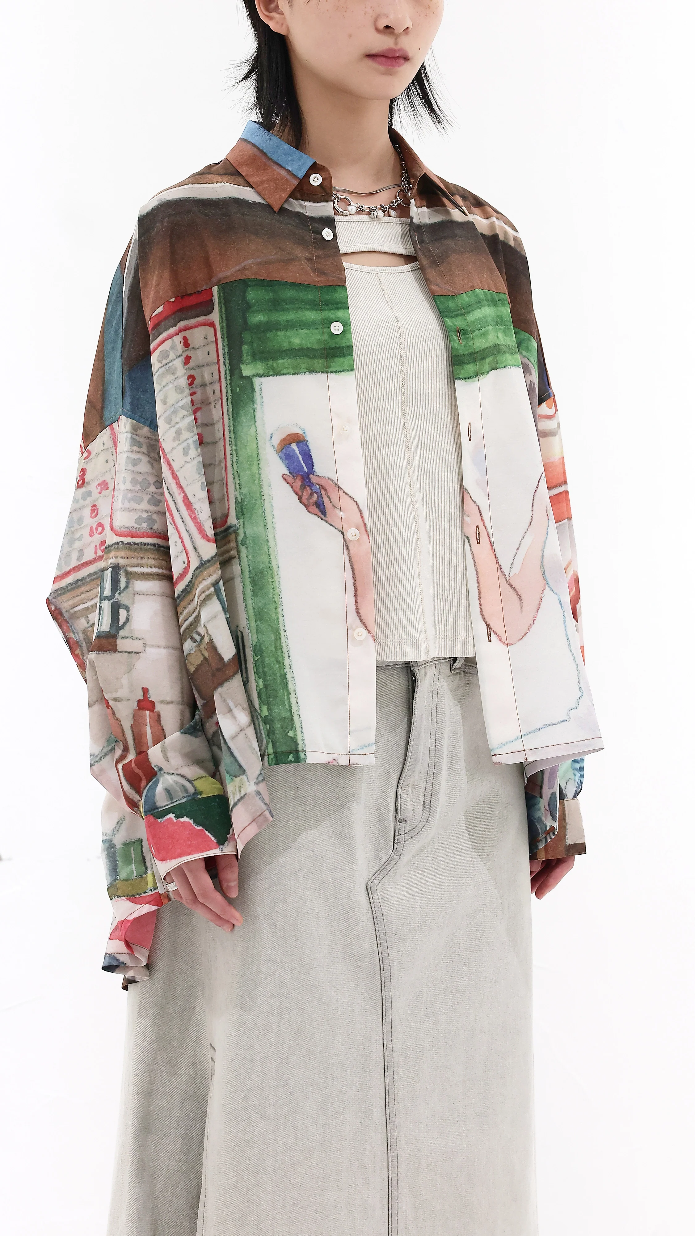 INITIAL x Little Thunder Pattern Oversize Blouse - Umamrii