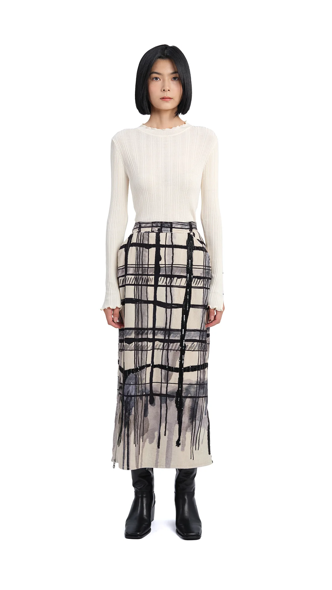 Handcrafted Checker Printed Corduroy Fishtail Skirt - Umamrii