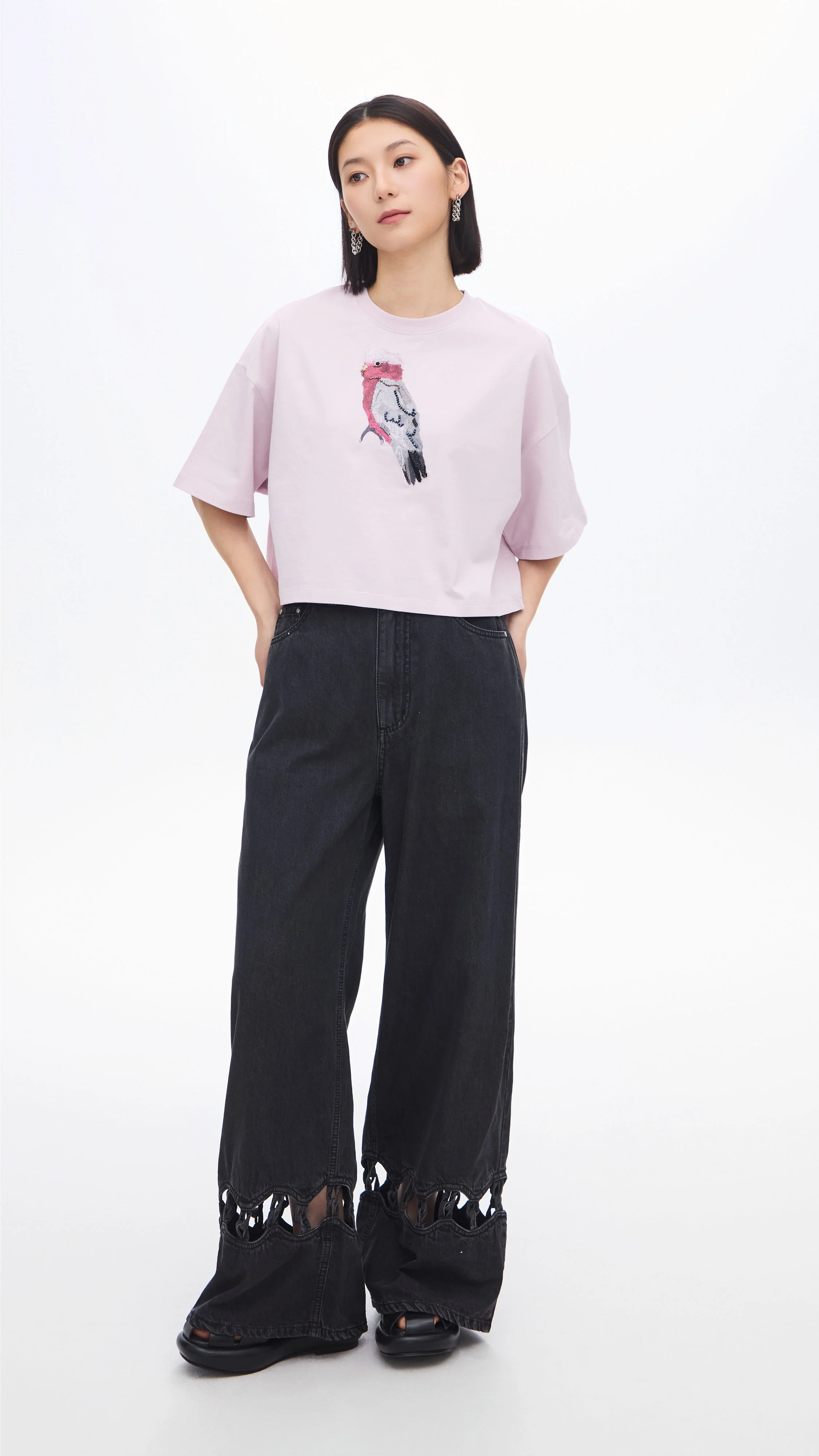 Cropped Parrot Graphic Embroidery Tee - Umamrii