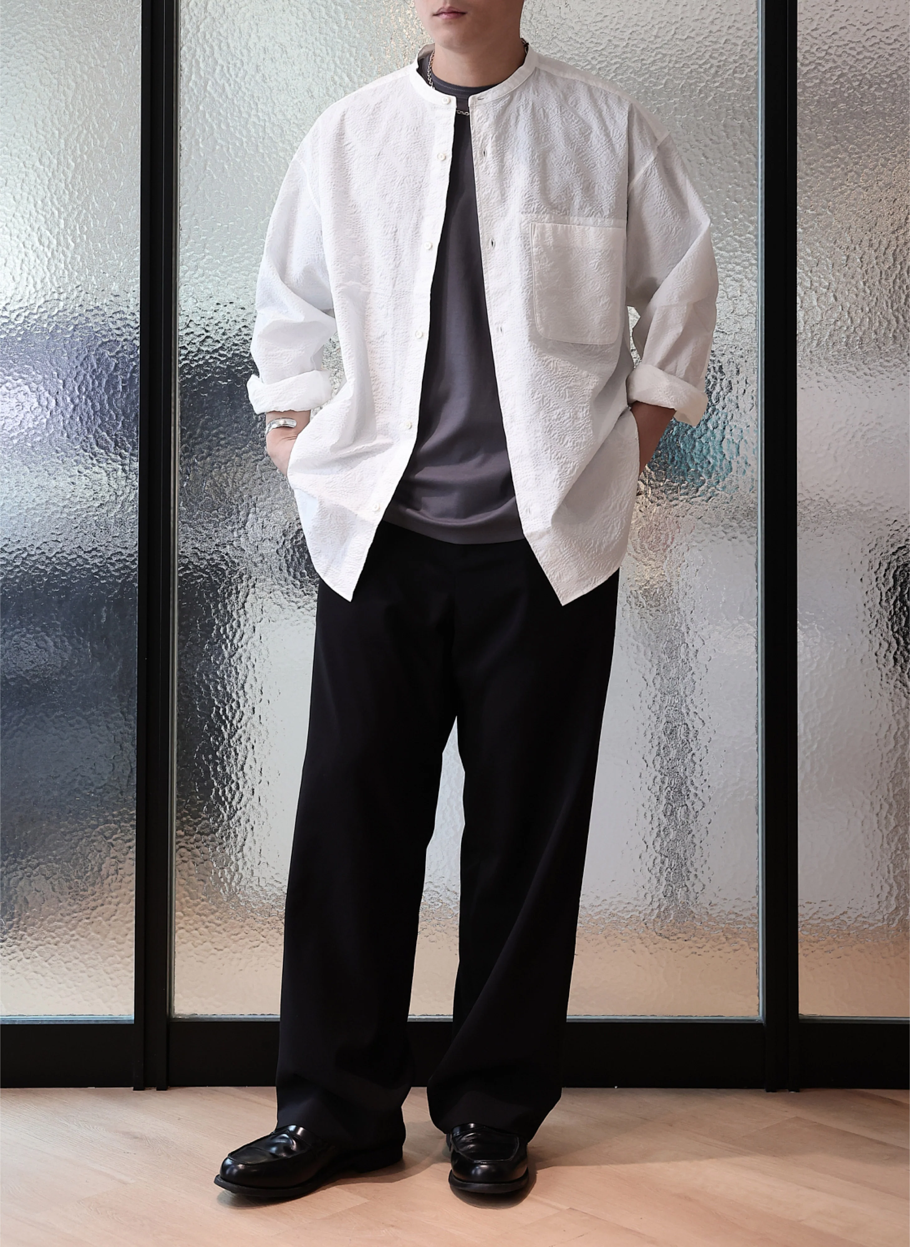 Cotton Seersucker Stand Collar Classic Shirt - Umamrii