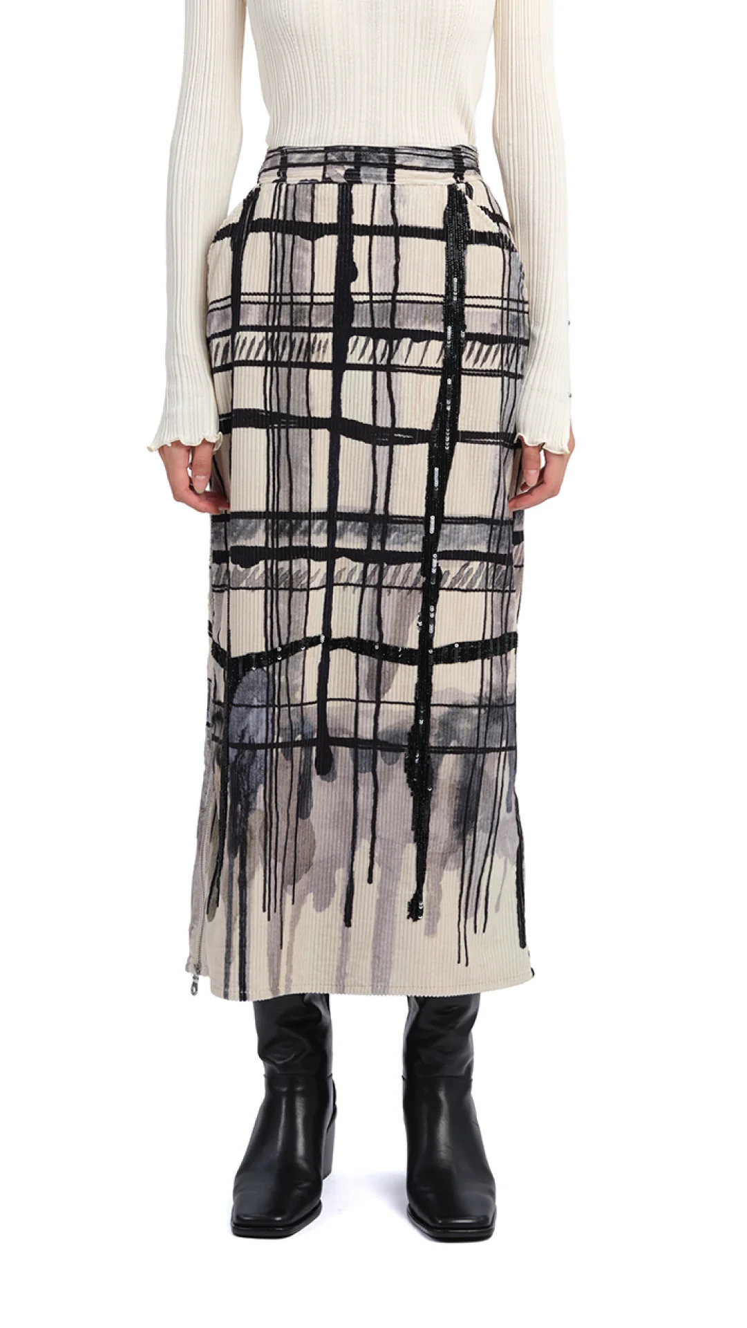 Handcrafted Checker Printed Corduroy Fishtail Skirt - Umamrii