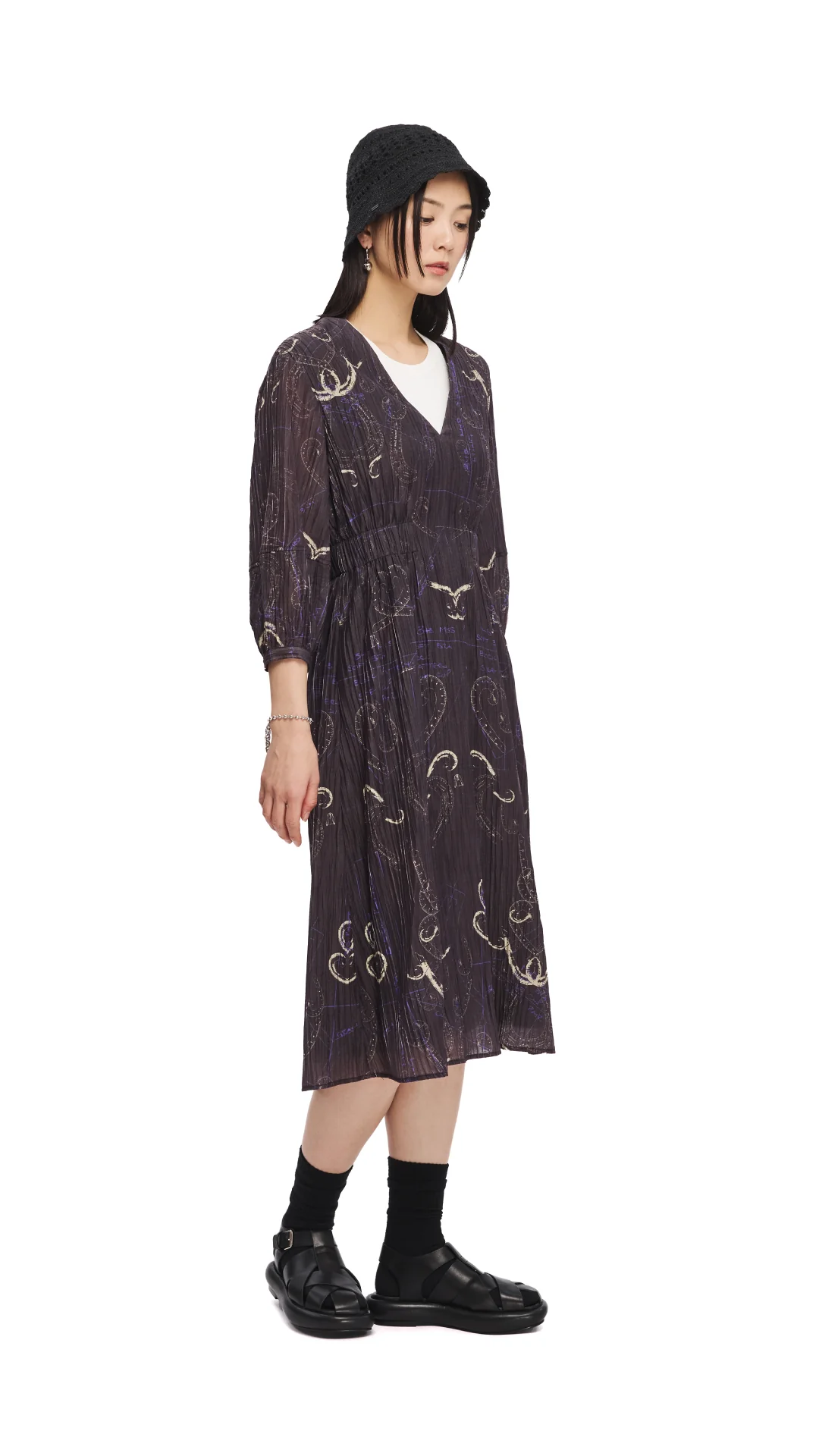 French Curve Ruler Print Puff-Sleeves Dress - Umamrii