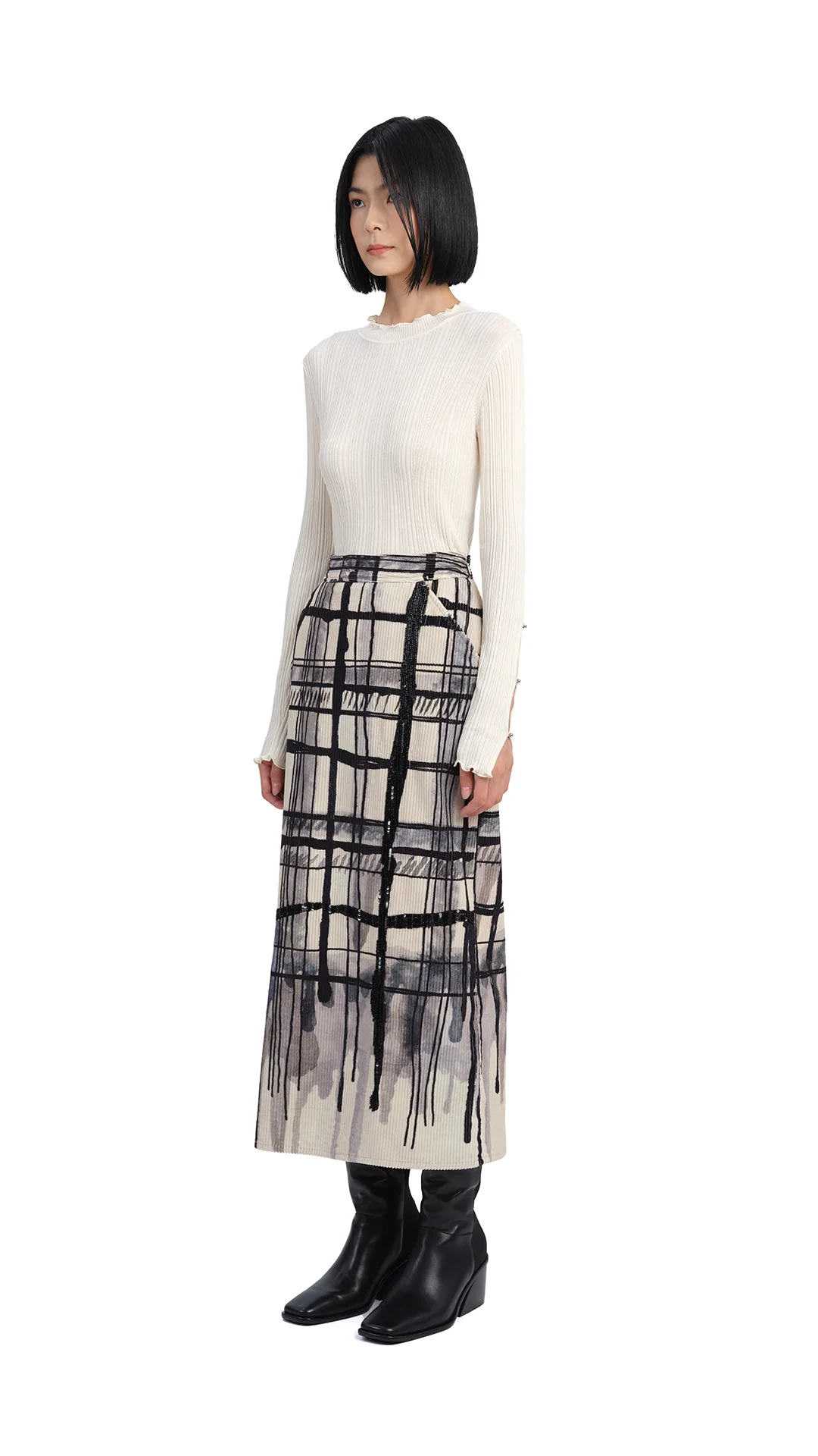 Handcrafted Checker Printed Corduroy Fishtail Skirt - Umamrii