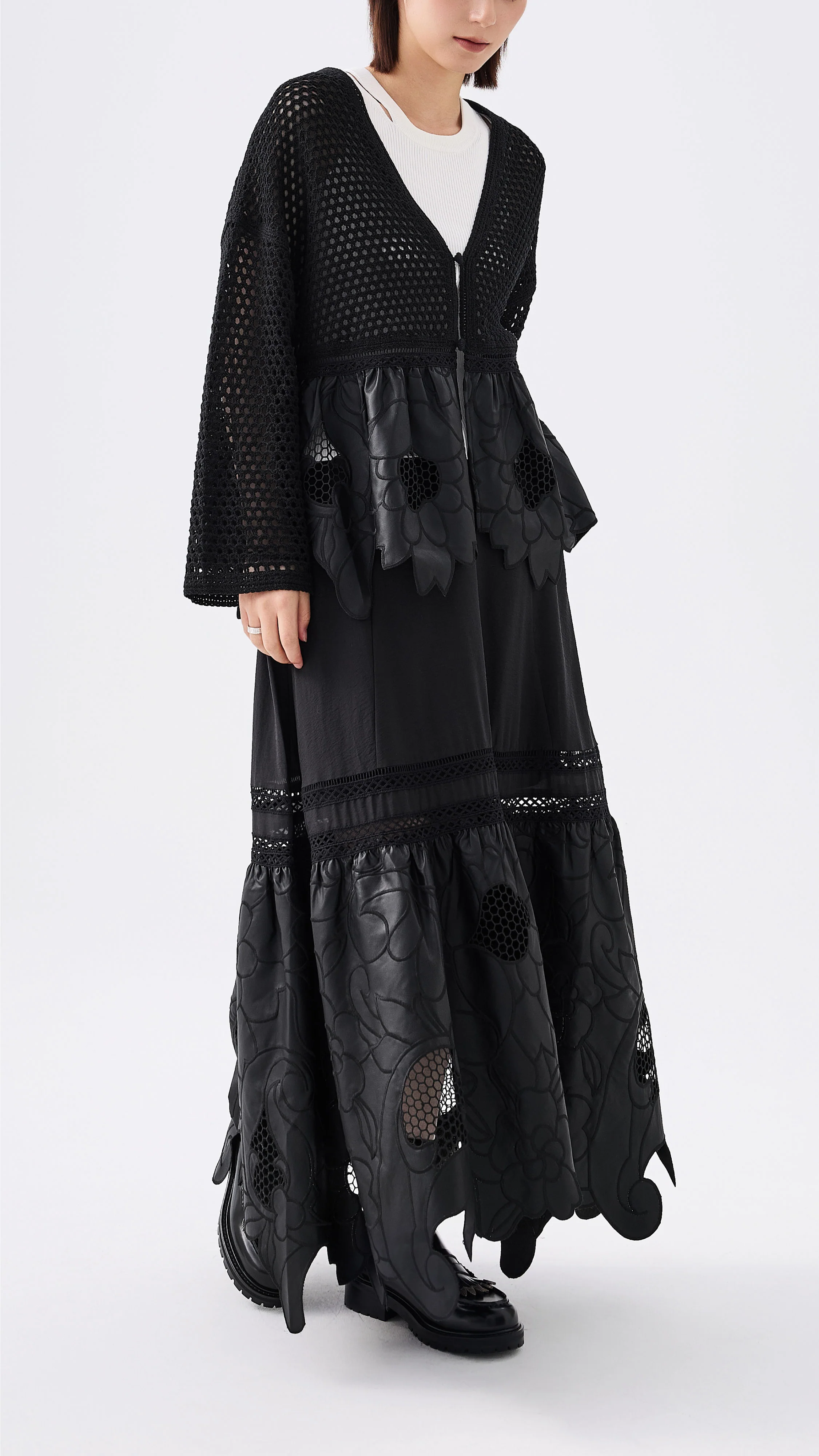 Faux Leather Lace Patched Cardigan - Umamrii