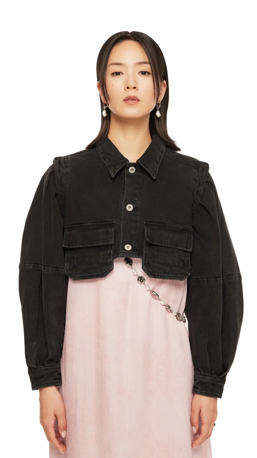 Puff Sleeves Black Denim Short Shirt Jacket - Umamrii