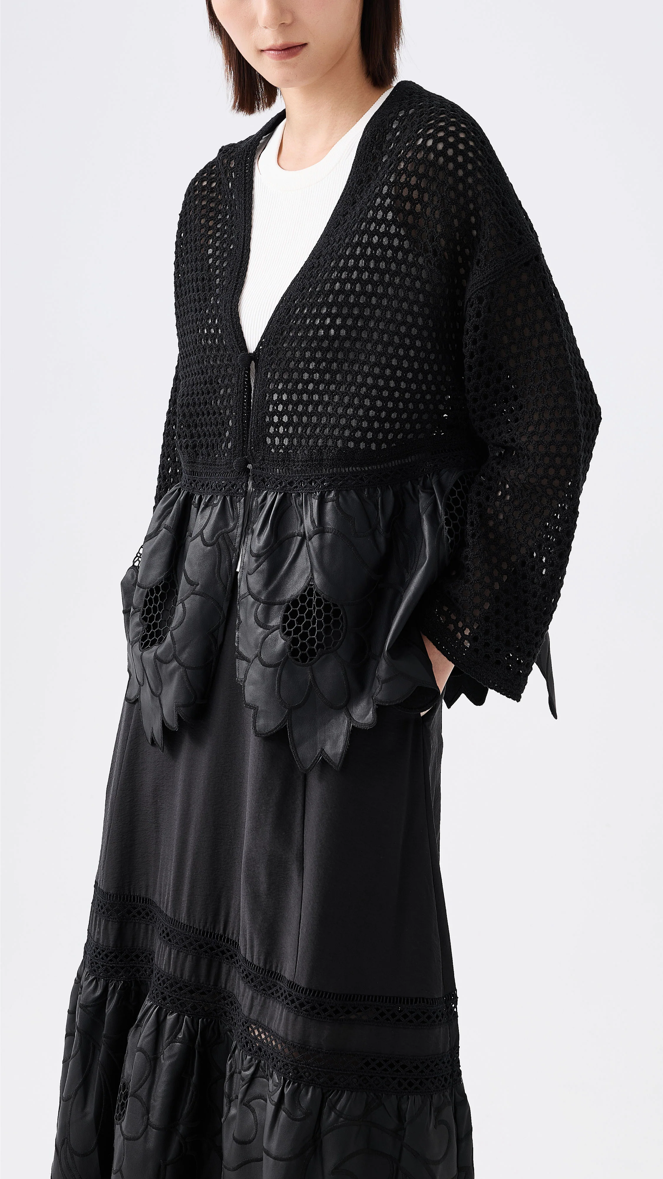 Faux Leather Lace Patched Cardigan - Umamrii