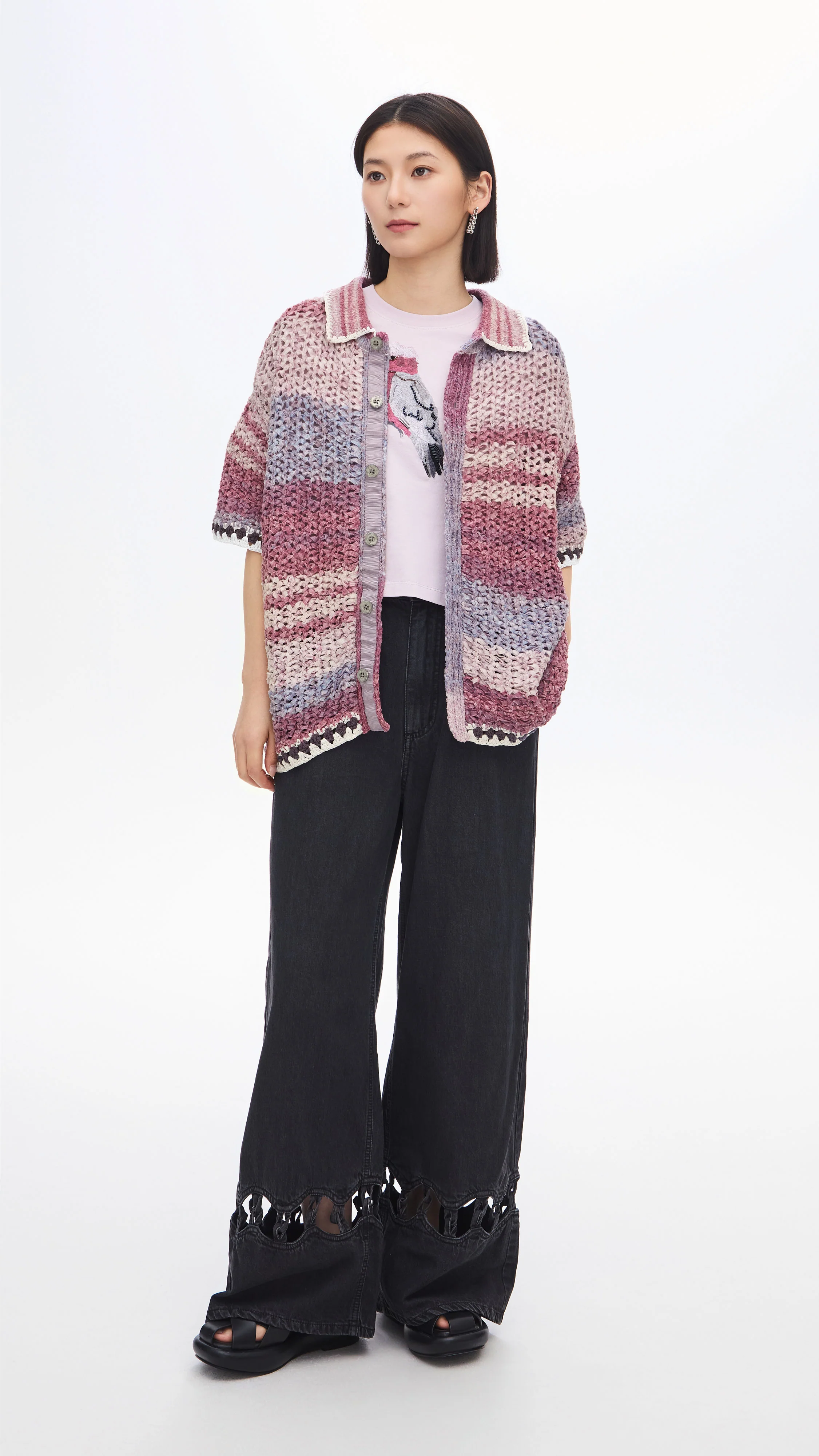 Knitted Space Dye Open Collar Cardigan - Umamrii