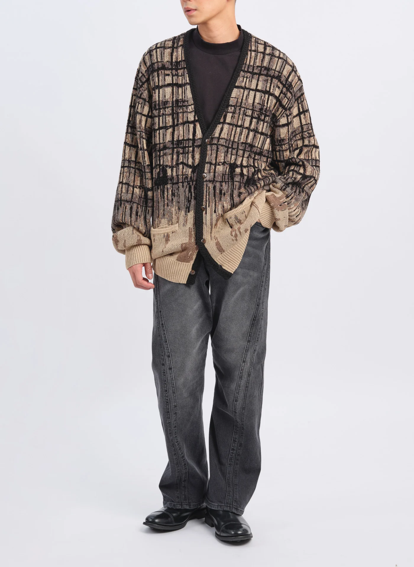 Viscose Nylon Hand Draw Checkers Cardigan - Umamrii