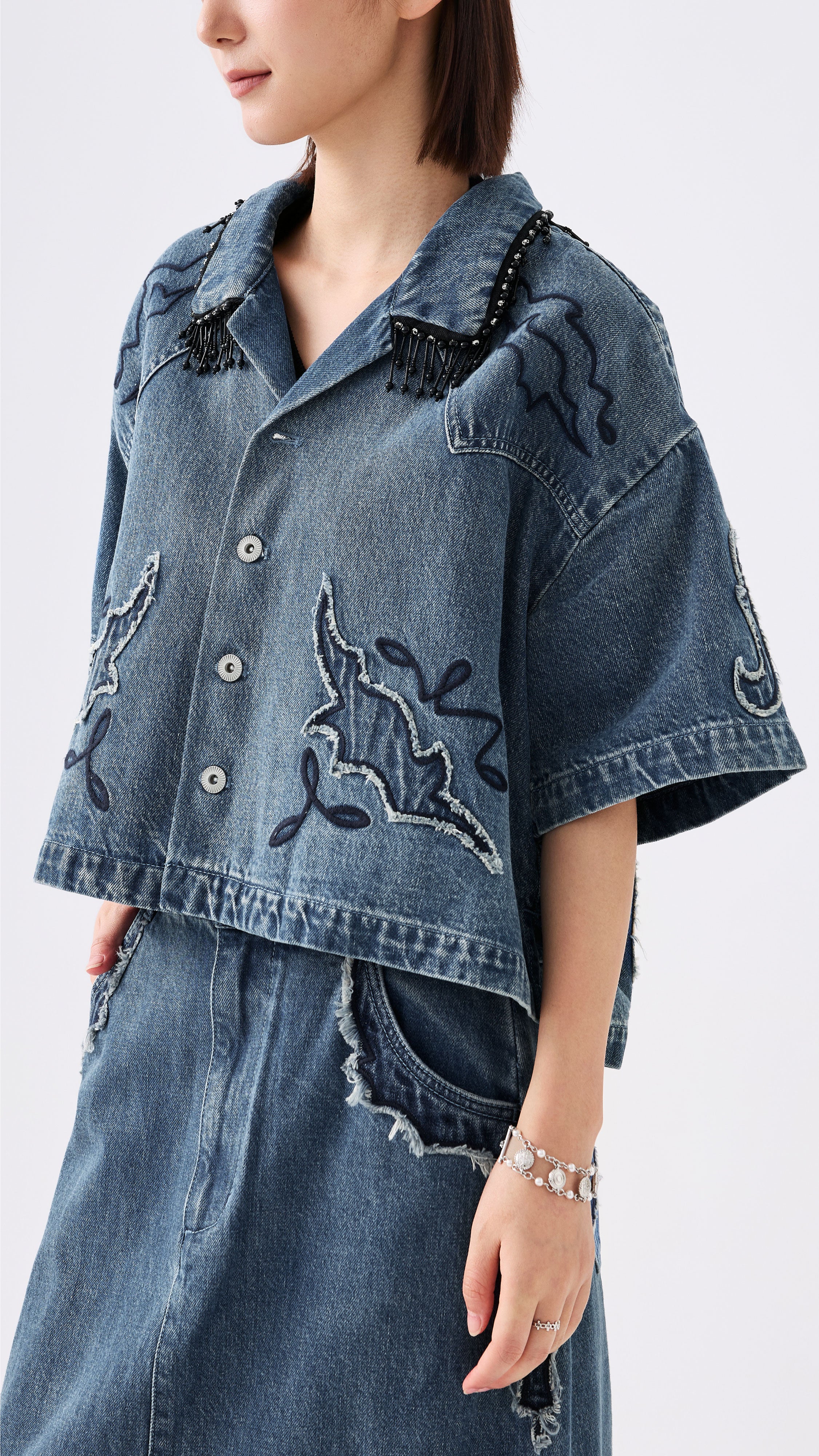Western Patched Denim Shacket - Umamrii
