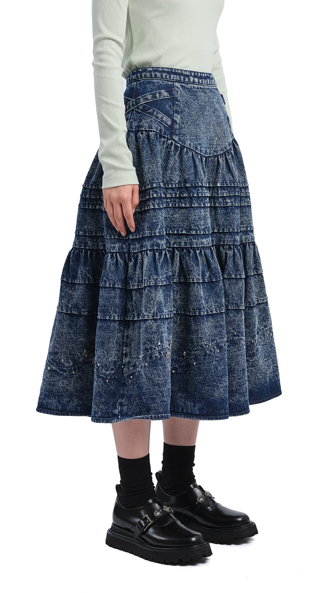 Stone-Washed Studded Denim Skirt - Umamrii
