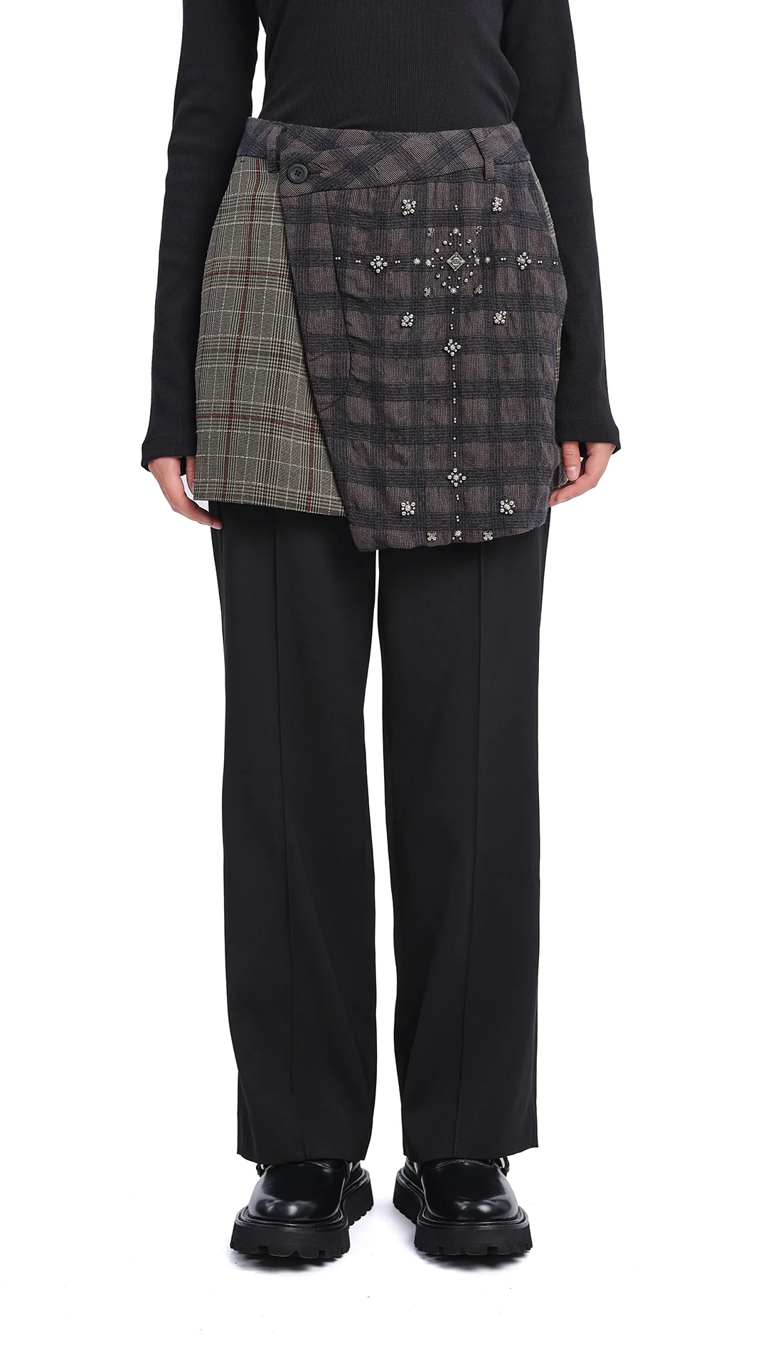 2 in 1 Straight-Fit Checker Pants with Studs - Umamrii