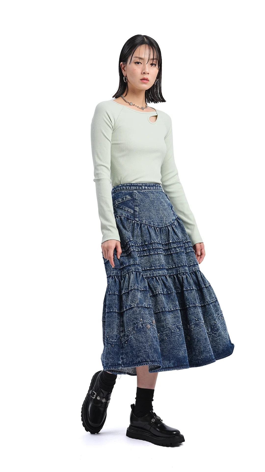 Stone-Washed Studded Denim Skirt - Umamrii
