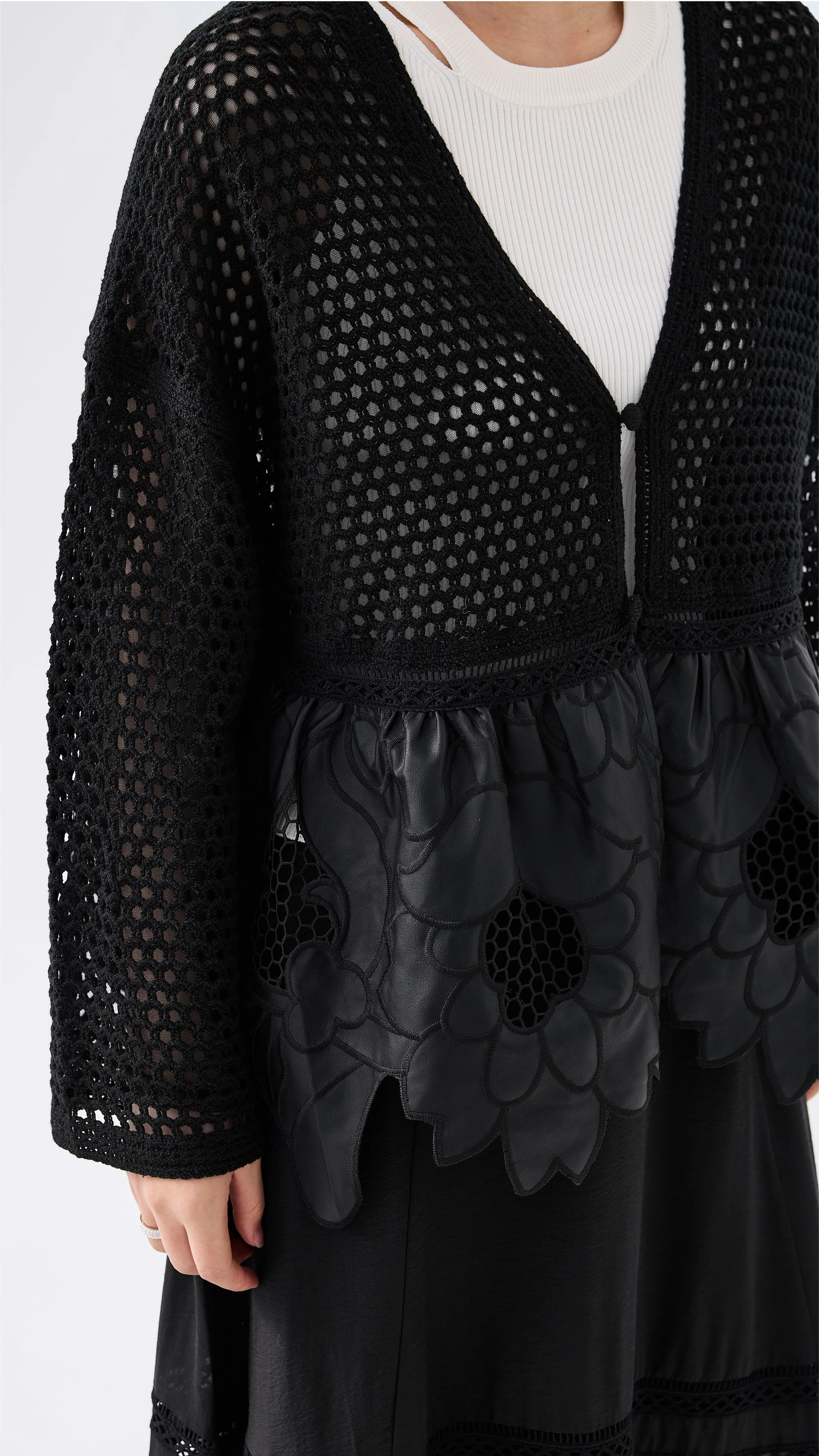 Faux Leather Lace Patched Cardigan - Umamrii