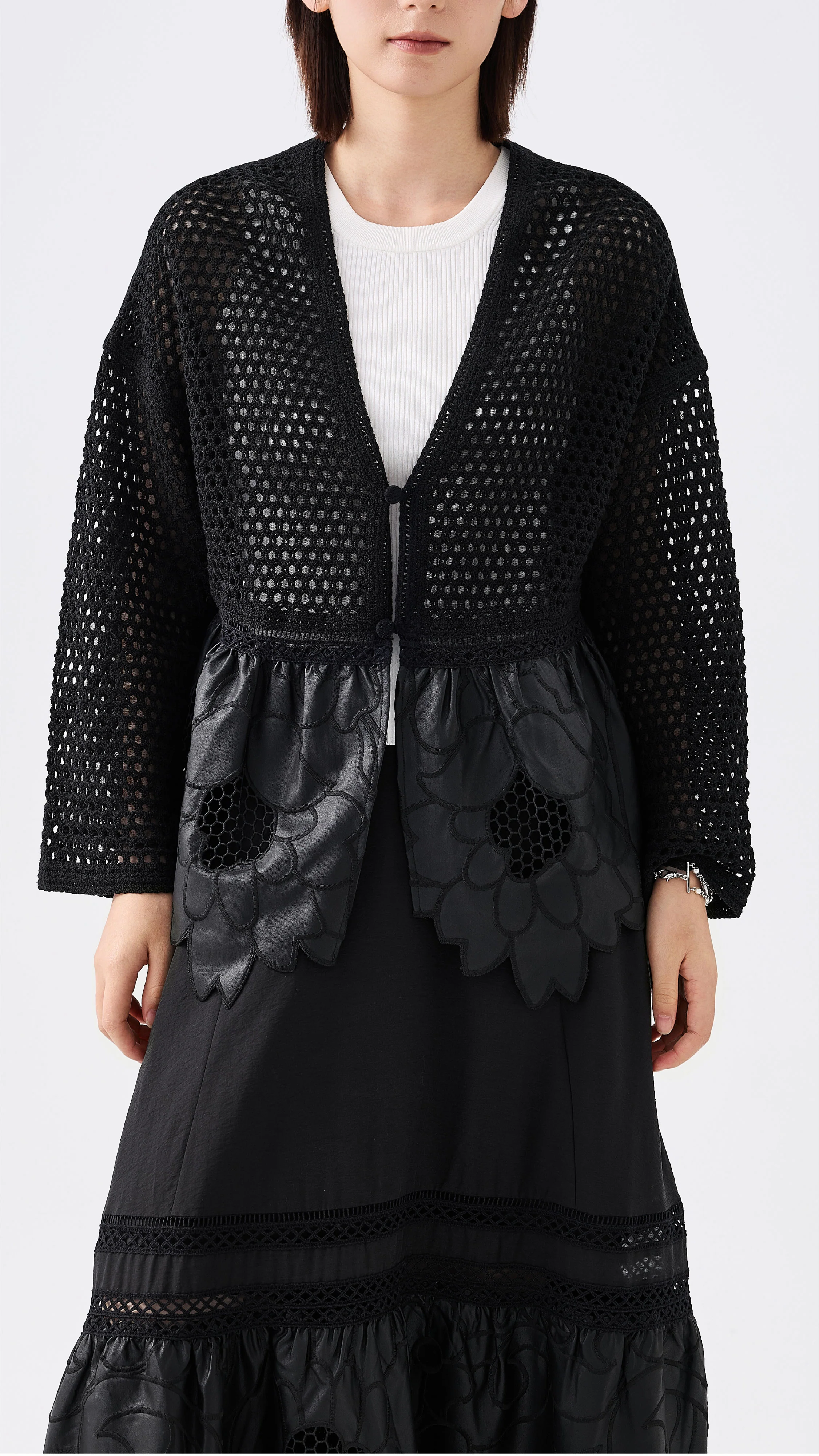 Faux Leather Lace Patched Cardigan - Umamrii