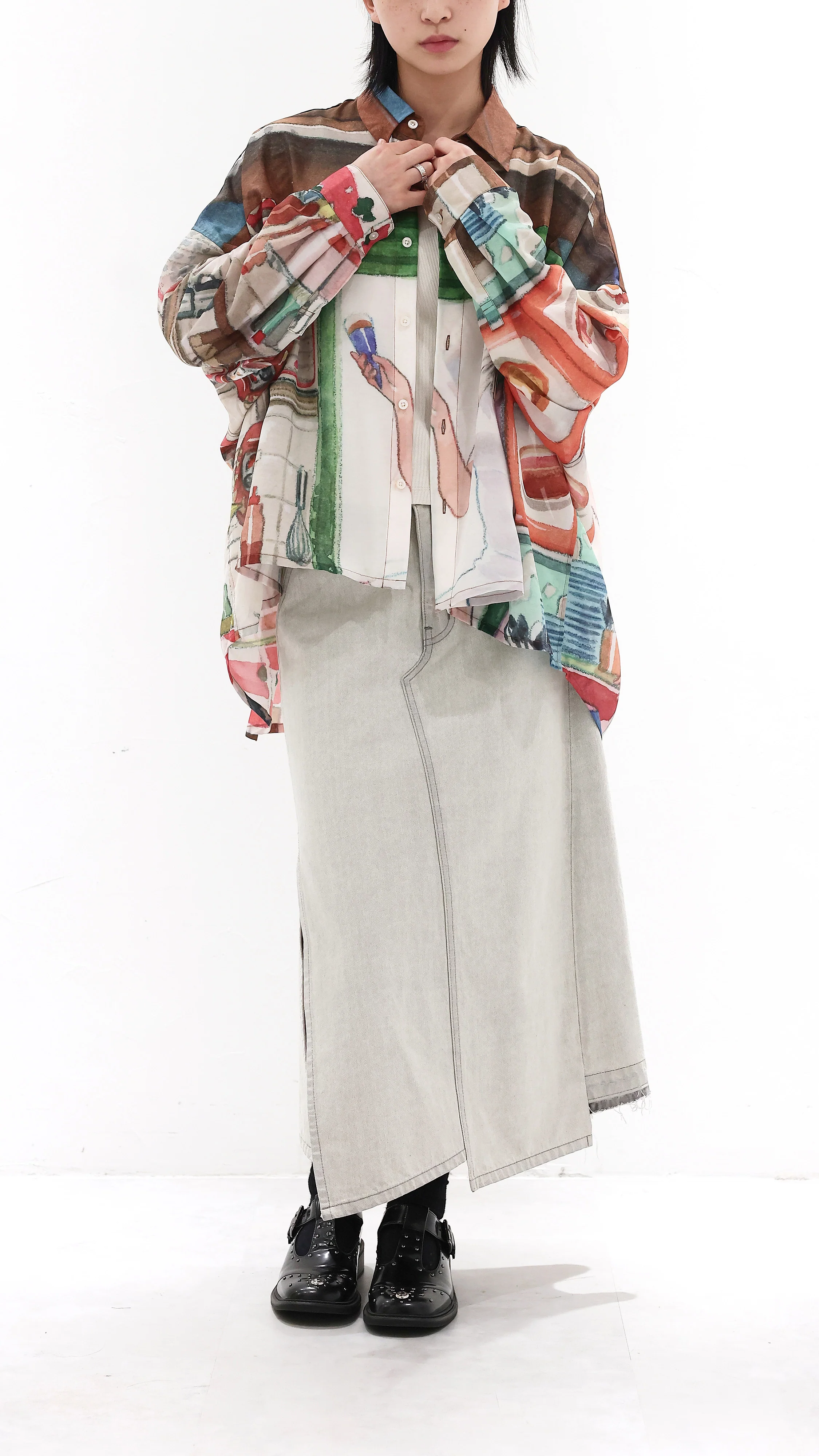 INITIAL x Little Thunder Pattern Oversize Blouse - Umamrii