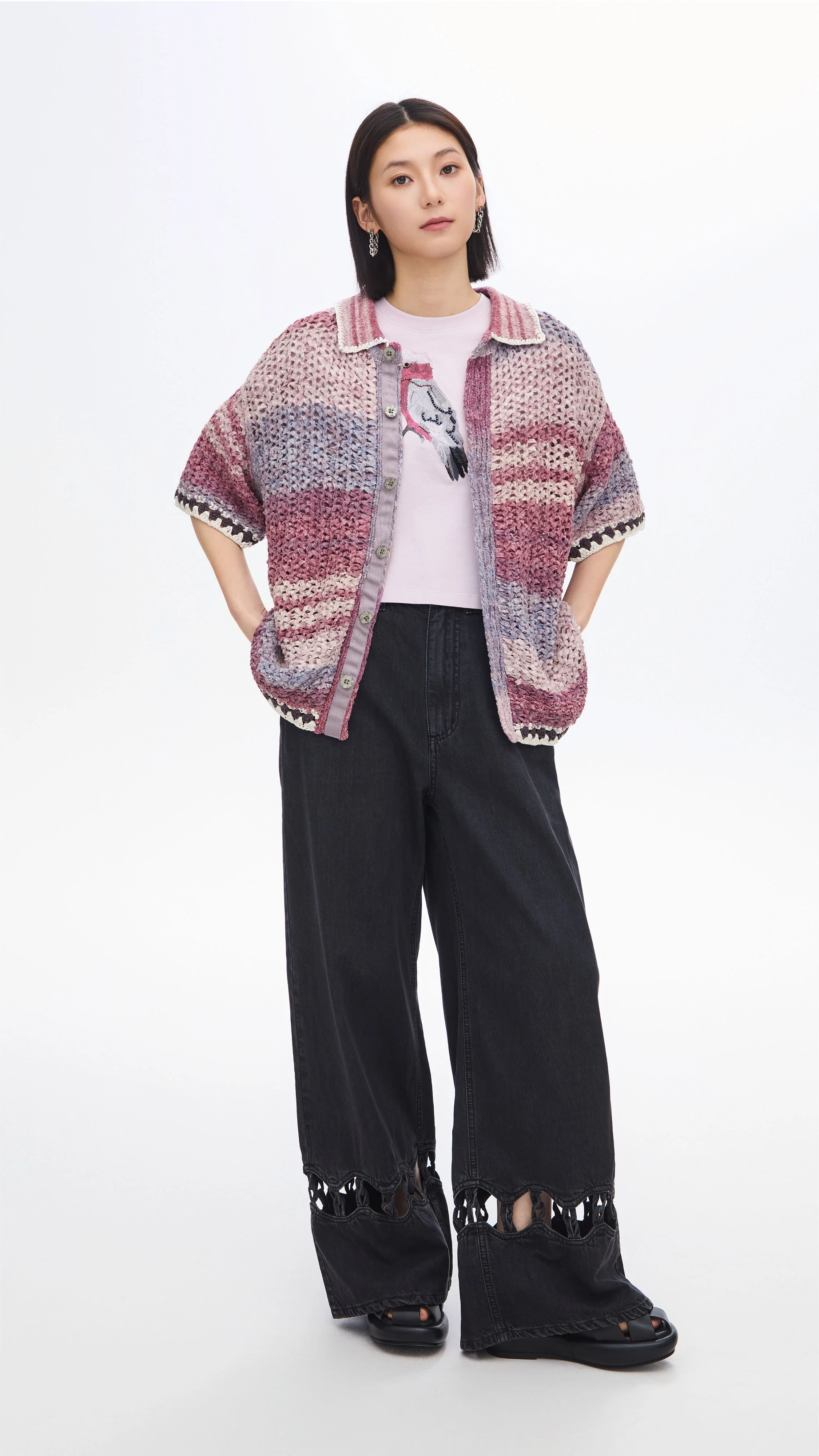 Knitted Space Dye Open Collar Cardigan - Umamrii