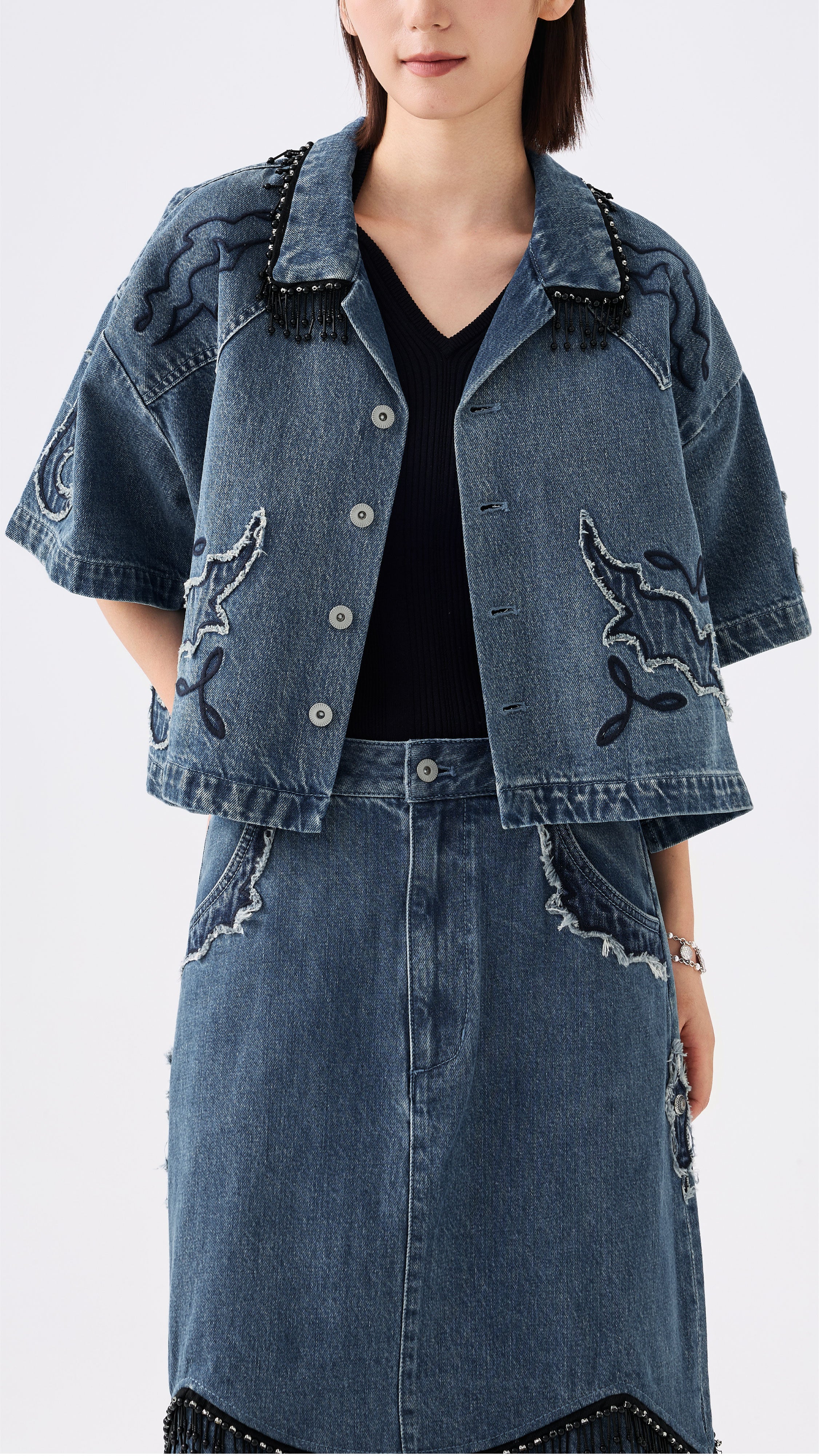 Western Patched Denim Shacket - Umamrii