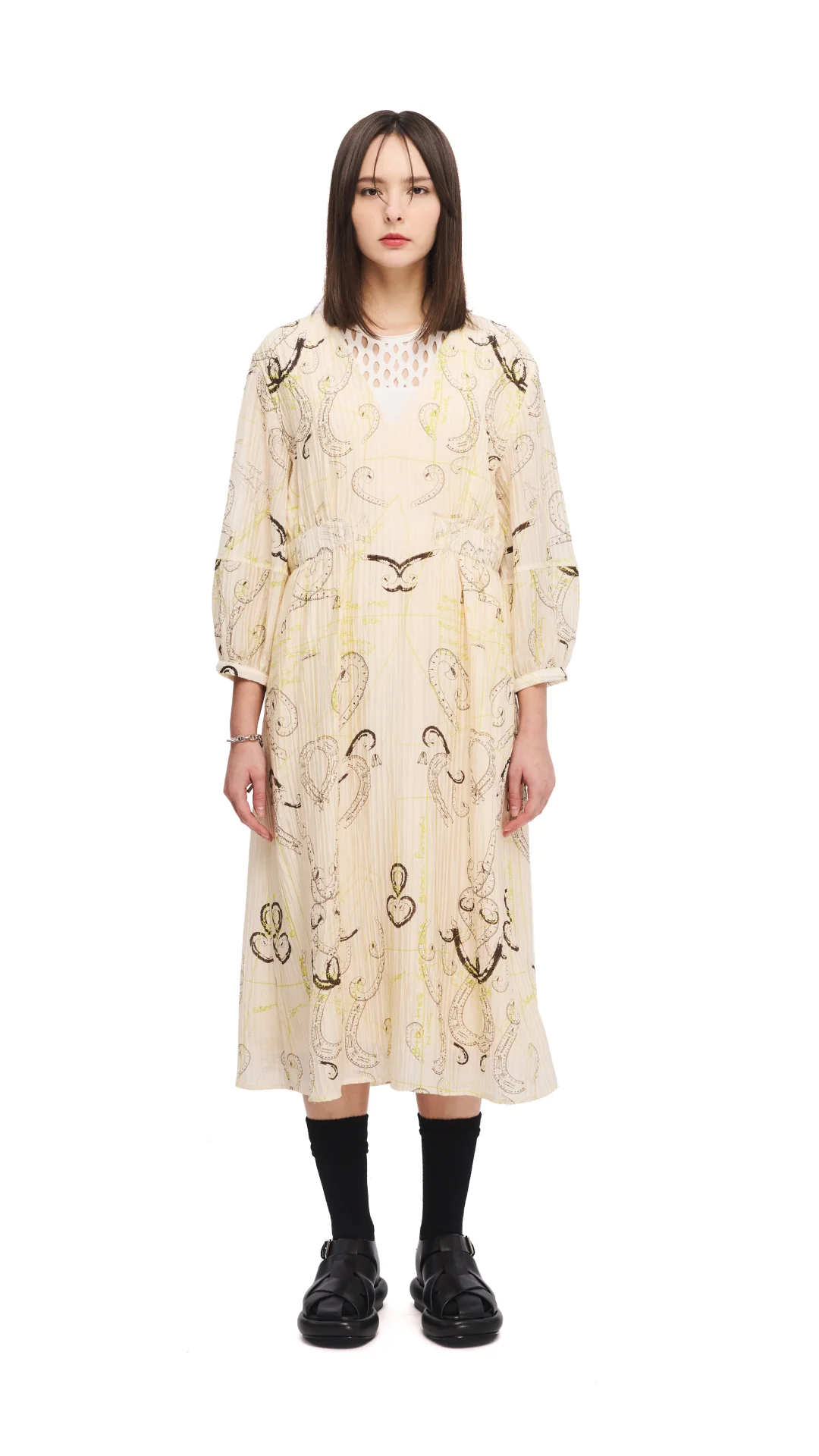 French Curve Ruler Print Puff-Sleeves Dress - Umamrii