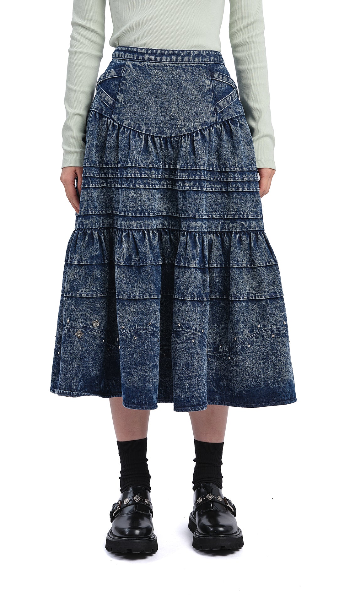 Stone-Washed Studded Denim Skirt - Umamrii