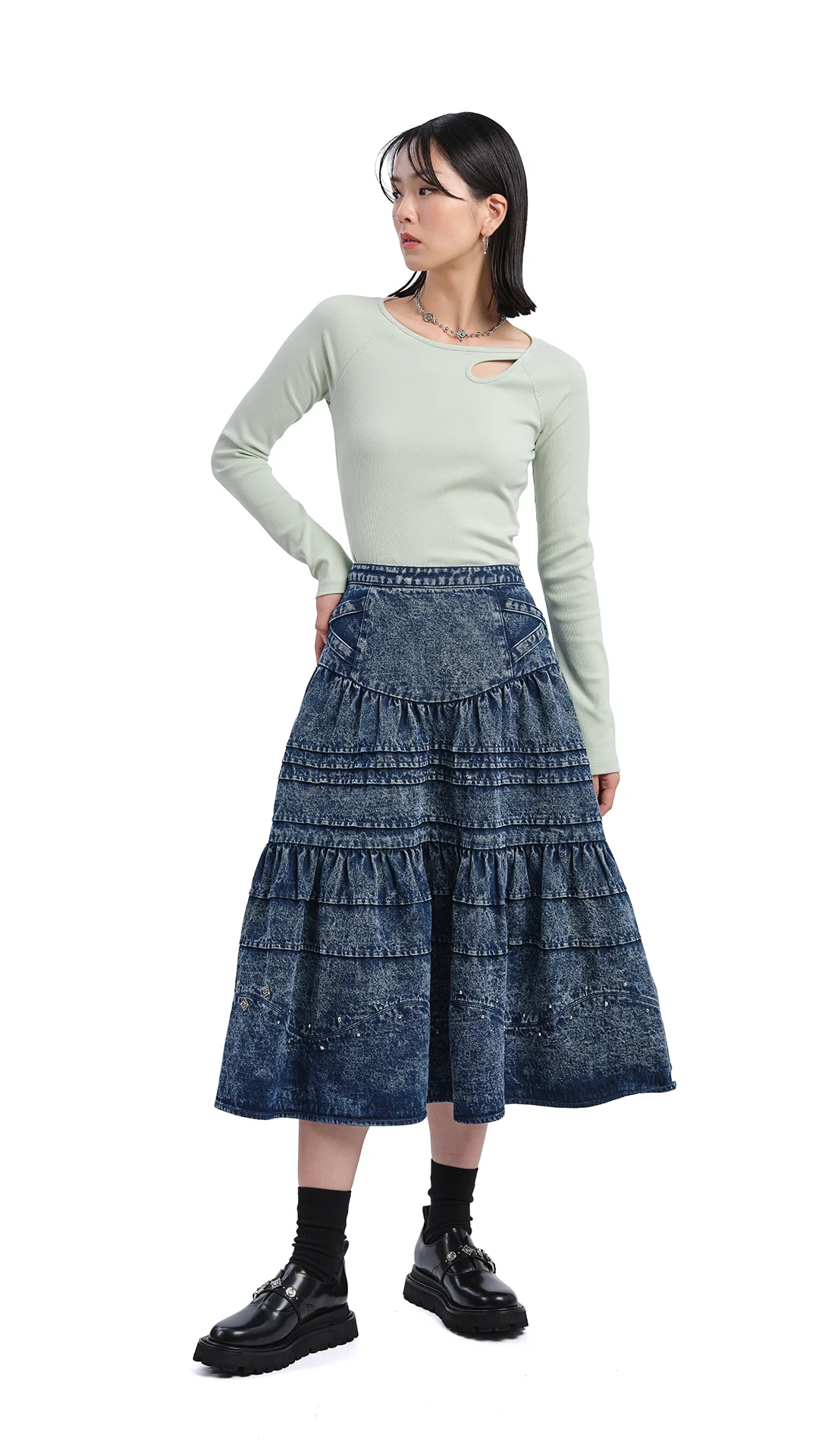 Stone-Washed Studded Denim Skirt - Umamrii