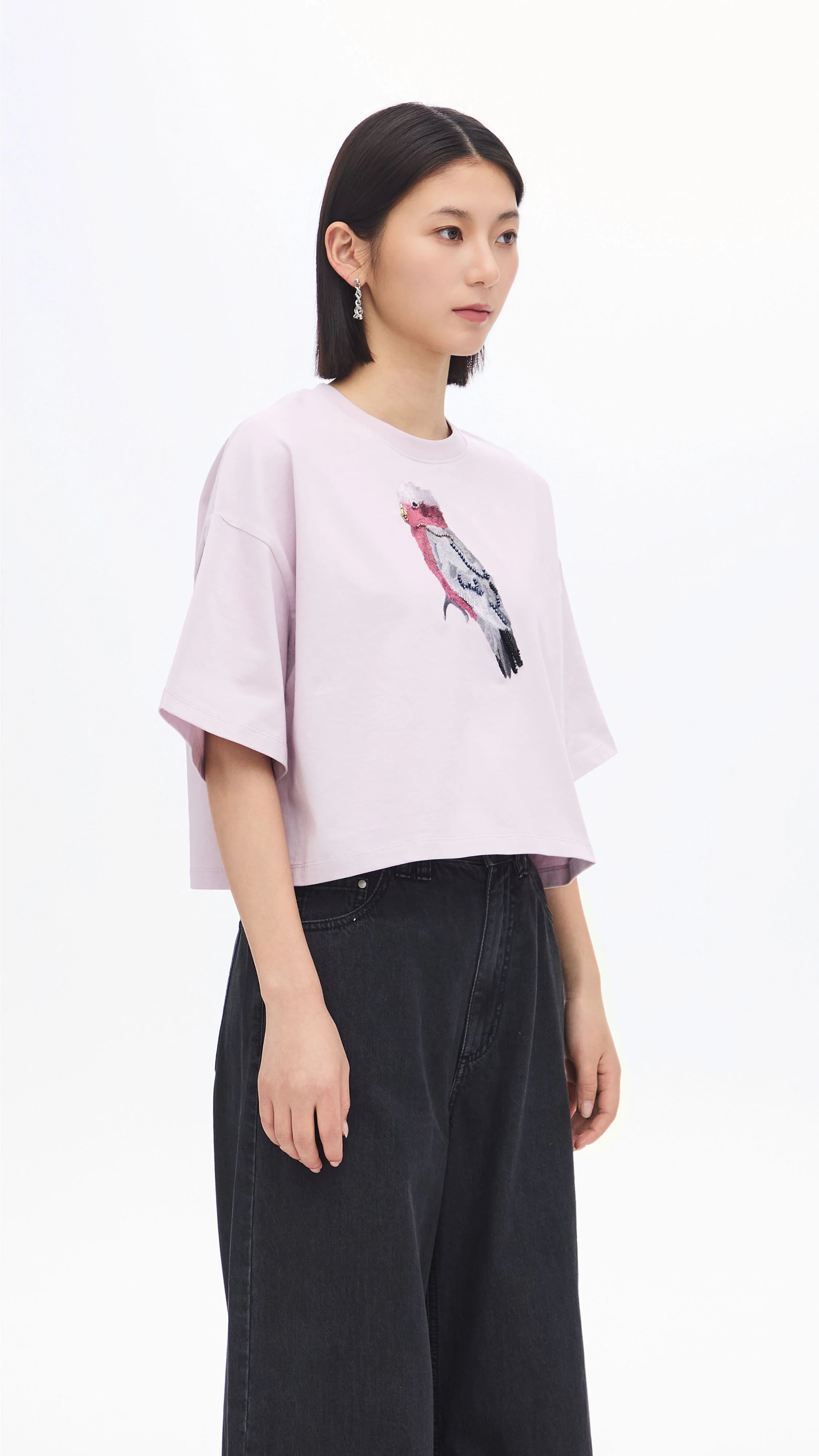 Cropped Parrot Graphic Embroidery Tee - Umamrii
