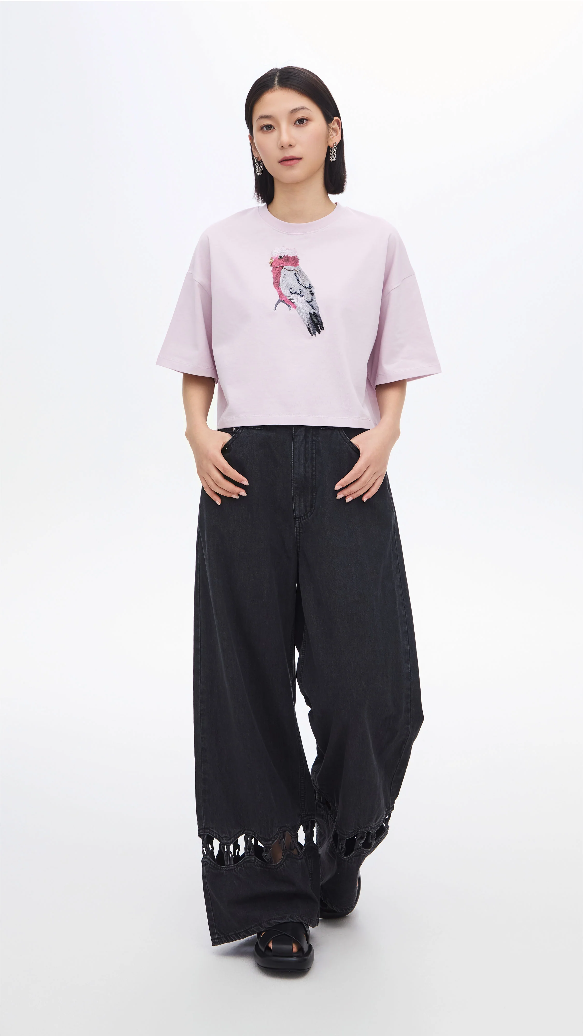 Cropped Parrot Graphic Embroidery Tee - Umamrii