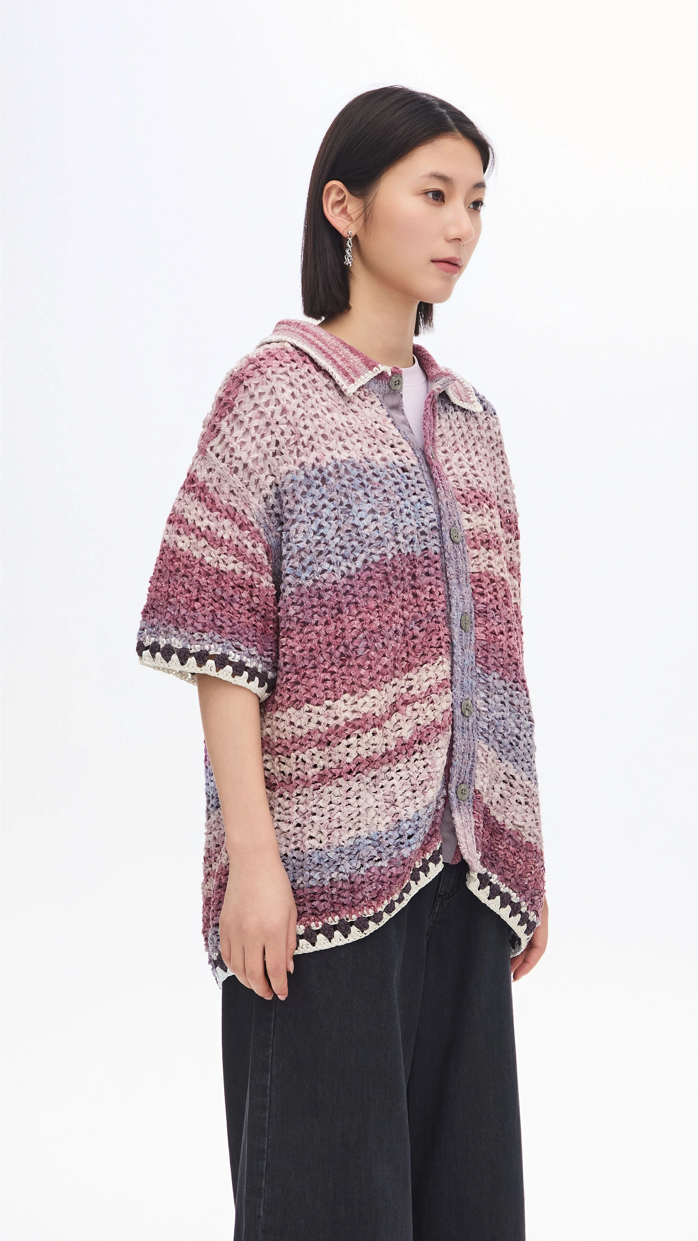 Knitted Space Dye Open Collar Cardigan - Umamrii