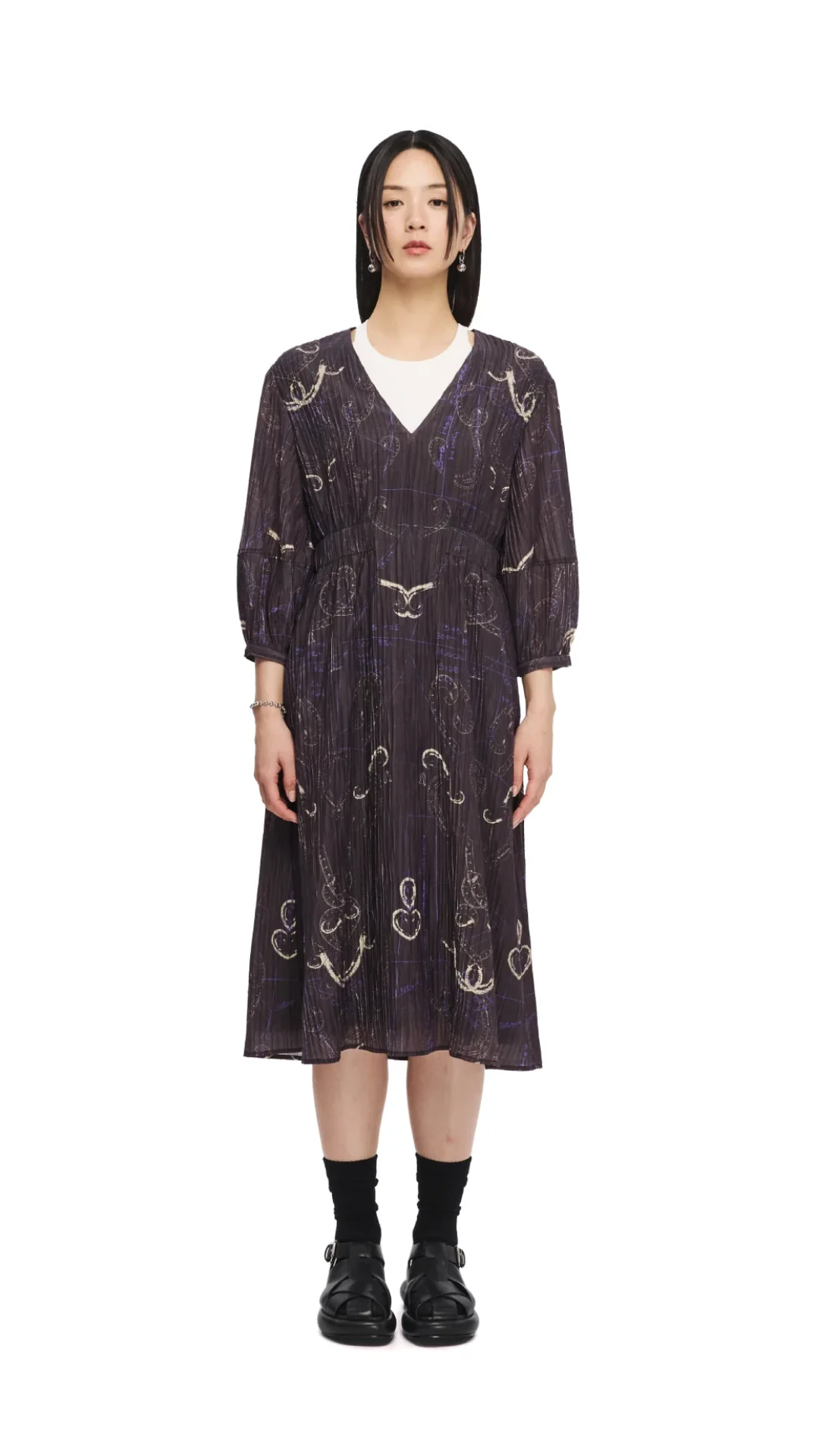 French Curve Ruler Print Puff-Sleeves Dress - Umamrii
