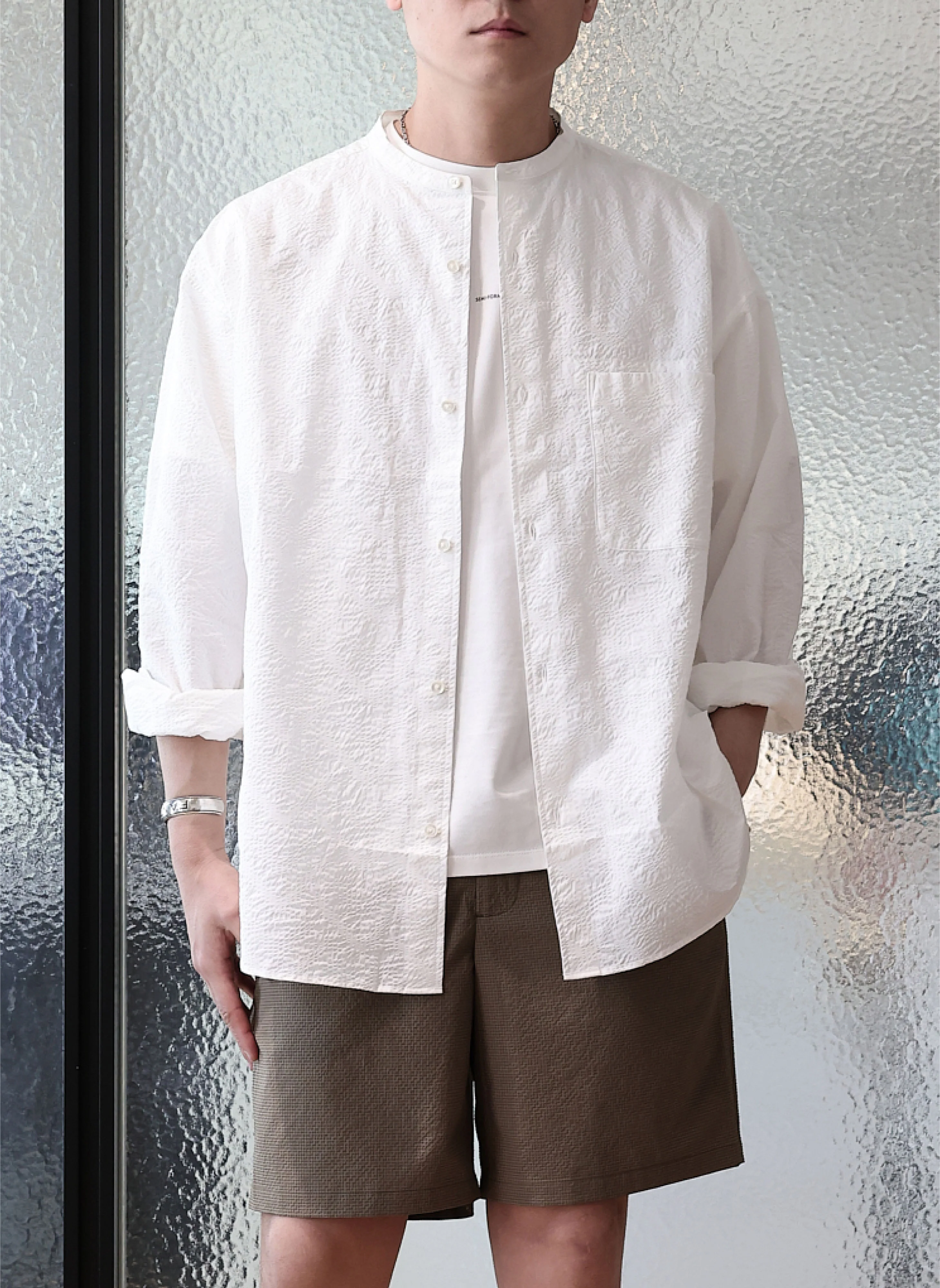 Cotton Seersucker Stand Collar Classic Shirt - Umamrii