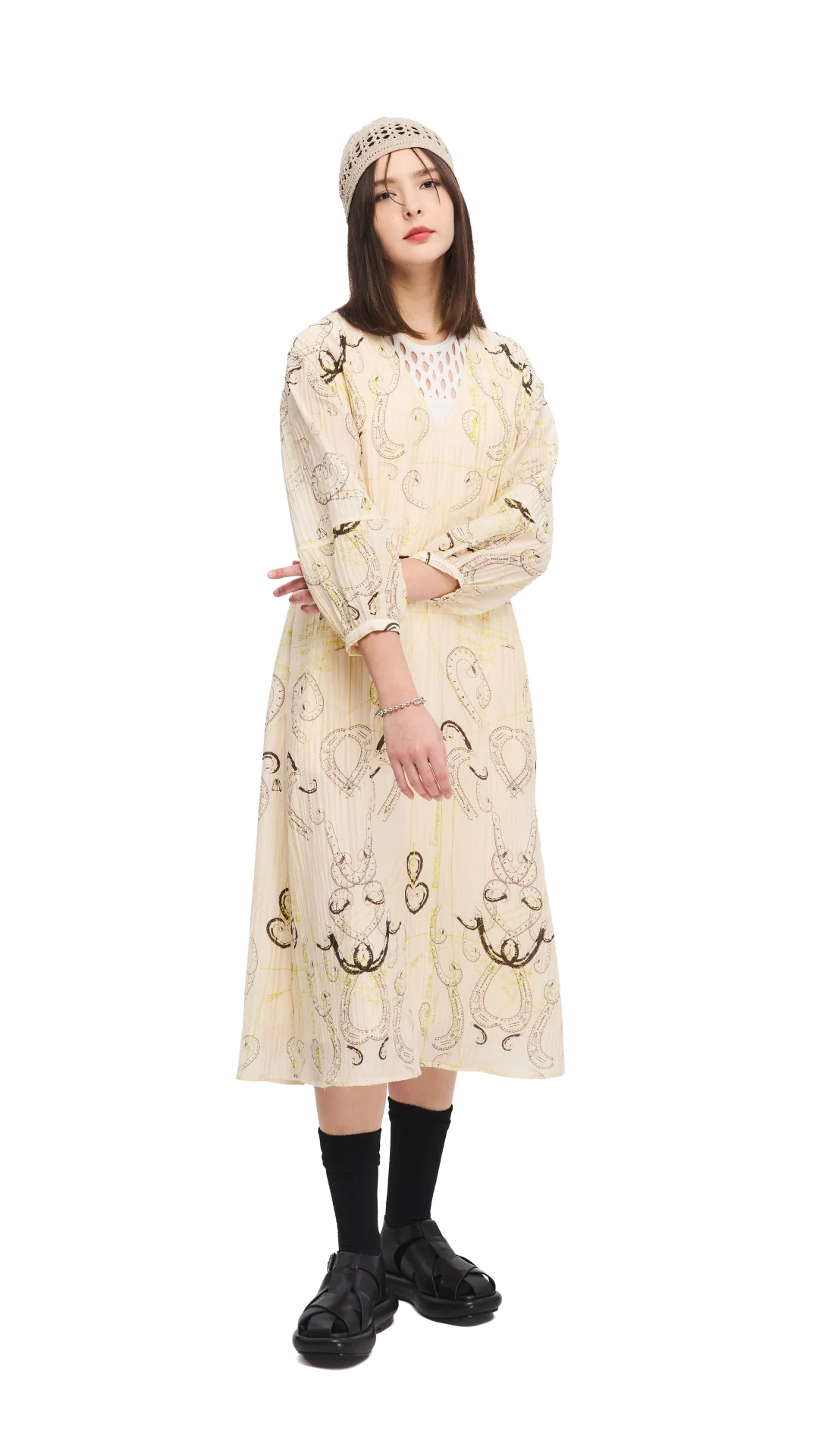 French Curve Ruler Print Puff-Sleeves Dress - Umamrii